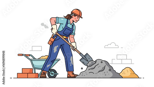 Builder at Work: An illustration of a determined builder, confidently wielding a shovel to move a pile of material, showcasing the strength and skill of labor. 