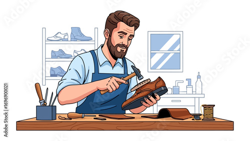 Craftsman at Work: A skilled craftsman meticulously works on repairing a shoe at his workbench, showcasing the art of shoemaking, patience and precision.