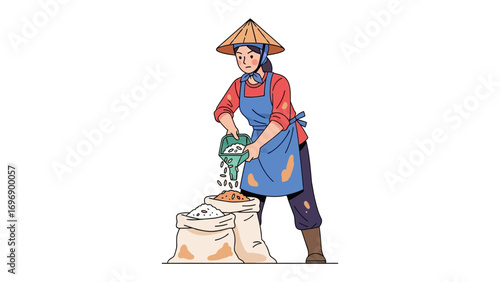 Harvest Grace: An Asian woman farmer with a conical hat, embodies the spirit of the harvest, gently pouring grains from a bag to another, showcasing traditional agricultural practices.