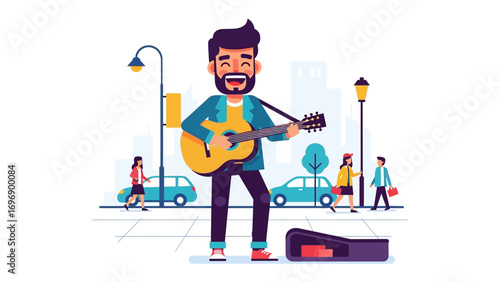 Melodic Street Performance: A lively street musician strums a guitar with infectious enthusiasm against a vibrant urban backdrop, surrounded by pedestrians and city life. 