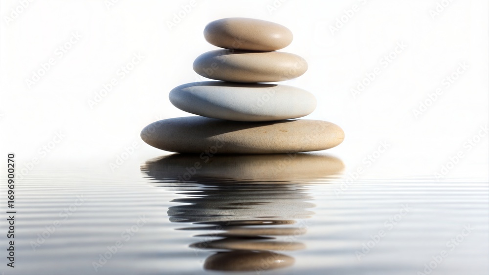 Obraz premium Stacked smooth stones balanced on rippling water surface.
