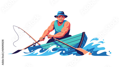 Man Rowing and Fishing: A detailed illustration depicts a man confidently navigating a rowboat through choppy waters, his fishing rod poised, ready to cast for the day's catch.