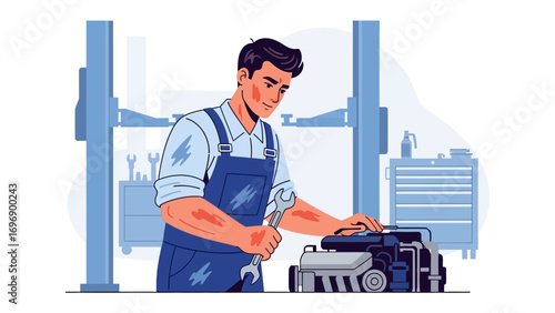 Mechanical Precision: An illustration of a skilled mechanic diligently focused on repairing an engine, using a wrench, set within a professional automotive repair shop.