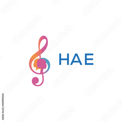 HAE “Creative music academy logo with silhouette heads and notes” HAE Later Logo, “Modern music therapy logo with faces and note symbol”
