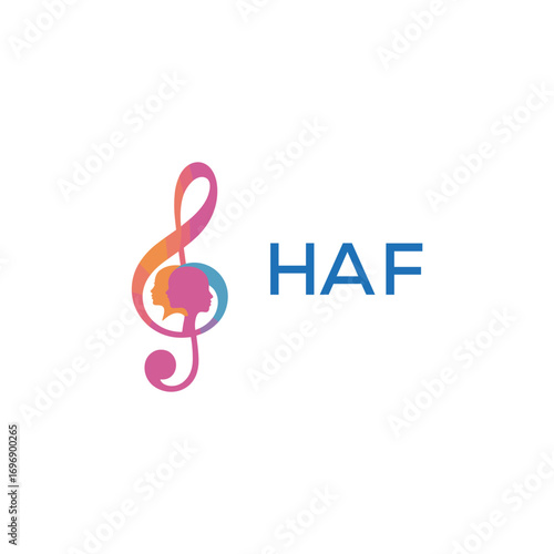 HAF “Creative music academy logo with silhouette heads and notes” HAF Later Logo, “Modern music therapy logo with faces and note symbol”
