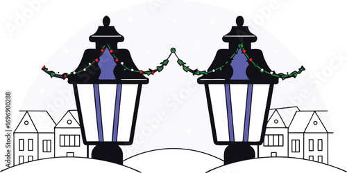 Vector illustration of a vintage street lamp casting light on an old city street, perfect for architectural or urban design