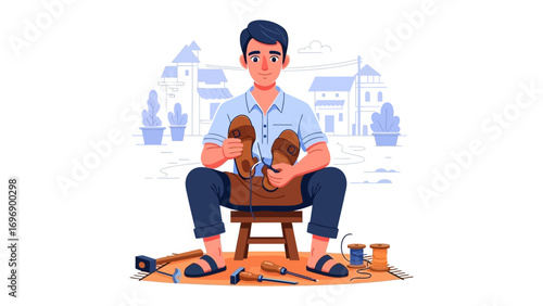 Artisan Crafting: An artisan carefully crafts footwear, showcasing the intricate process and dedication to his trade with illustration.