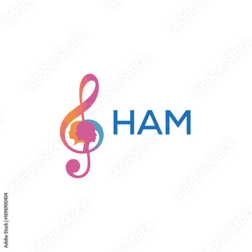 HAM “Creative music academy logo with silhouette heads and notes” HAM Later Logo, “Modern music therapy logo with faces and note symbol”
