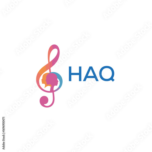 HAQ “Creative music academy logo with silhouette heads and notes” HAQ Later Logo, “Modern music therapy logo with faces and note symbol”
