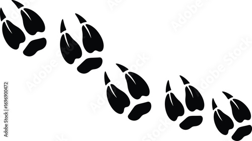 Black paw prints of an animal, likely a dog or wolf, walking across a white surface.
