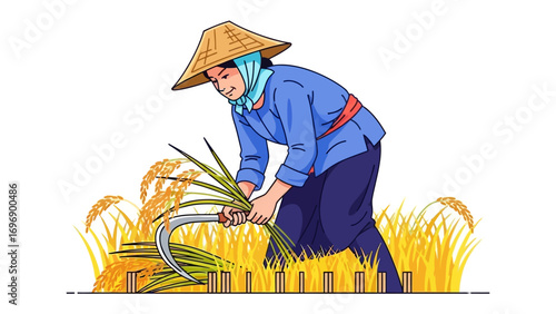 Harvesting Farmer: A depiction of a dedicated farmer meticulously harvesting a bountiful crop with skill, showcasing a rural lifestyle and agricultural practices.