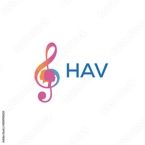 HAV “Creative music academy logo with silhouette heads and notes” HAV Later Logo, “Modern music therapy logo with faces and note symbol”
