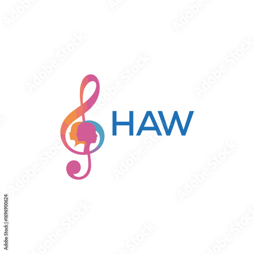 HAW “Creative music academy logo with silhouette heads and notes” HAW Later Logo, “Modern music therapy logo with faces and note symbol”
