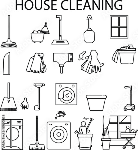 House Cleaning Icon Set on Solid White Background