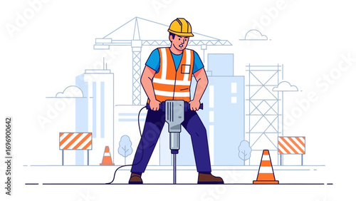 Construction worker at work: A dedicated construction worker, clad in safety gear, operates a jackhammer with precision amidst a bustling construction site, symbolizing progress and infrastructure.