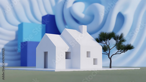 Minimalist Home Serenity White Structure with Calm Blue Abstract Backdrop and Lonely Green Tree Peaceful Architectural Design