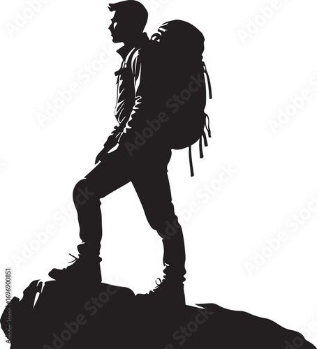 Silhouette of a hiker with a backpack on a rocky outcrop mountain