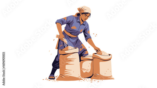Hardworking Worker: A hardworking individual diligently fills sacks, embodying the essence of dedication and commitment in a vibrant illustration.