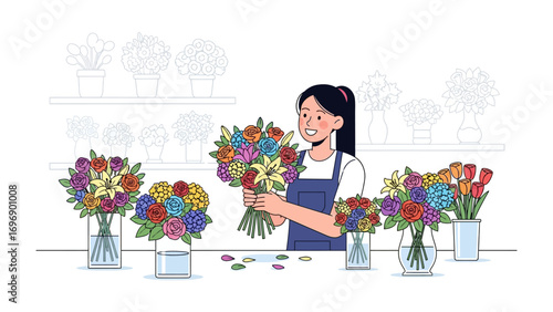 Floral Harmony: An artisan, surrounded by various of bouquets, meticulously crafts a vibrant display of blossoms, celebrating nature's artistry and colors. 