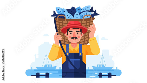 Fisherman's Harvest: A cheerful fisherman, with a hearty mustache, carries a brimming basket of freshly caught fish, a visual narrative of a bountiful day at sea.