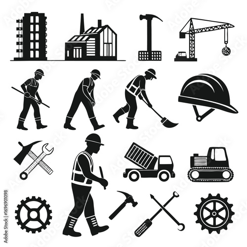 Construction industry workers and equipment silhouettes on white background building