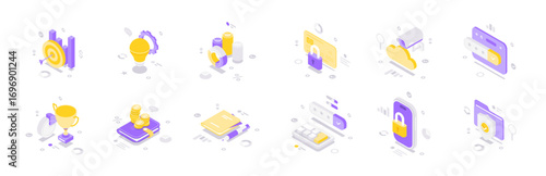 Isometric vector illustration featuring technology finance and security icons including business management, online operations, analytics, cloud storage, banking and protection in pastel colors
