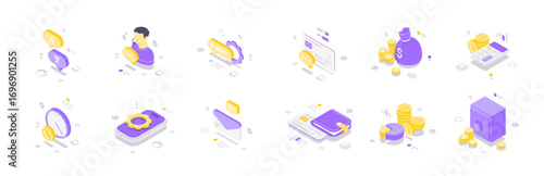 Isometric vector illustration featuring finance money and digital banking icons including transactions, capital management, online payments, wallets, credit cards, clocks, savings, and mobile finance