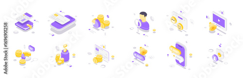 Isometric vector illustration featuring digital finance icons including mobile banking, payments, analytics, investments, multimedia, and communication in a modern pastel color scheme