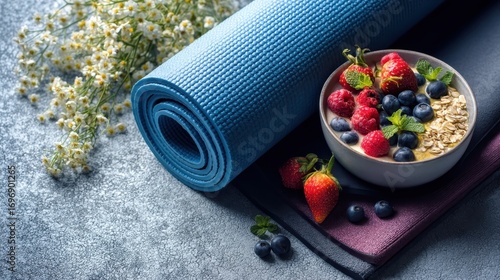 Fresh Vegan Smoothie Bowl with Berries and Granola Alongside a Rolled Yoga Mat on a Stylish Flat Surface with Natural Accents for Wellness Focused Lifestyle