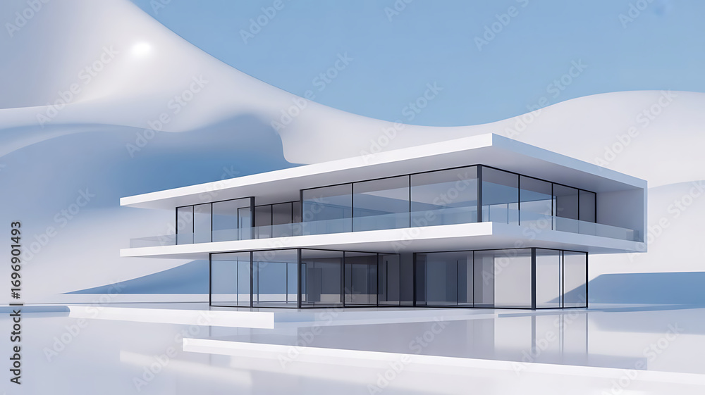 Fototapeta premium Sleek Modern Architecture Minimalist Design with Glass Facade and White Exterior Under Clear Blue Sky Contemporary Home