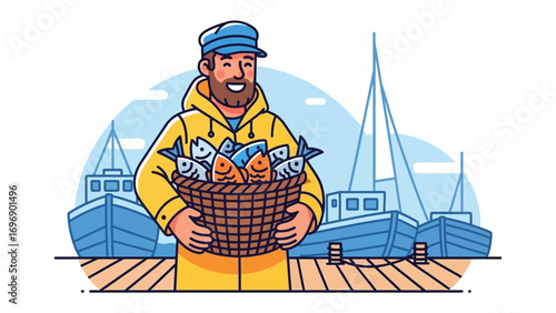 Harvest from the Sea: A smiling fisherman proudly displays a basket overflowing with fresh catch against a backdrop of docked fishing boats, capturing the essence of a bountiful day at sea.