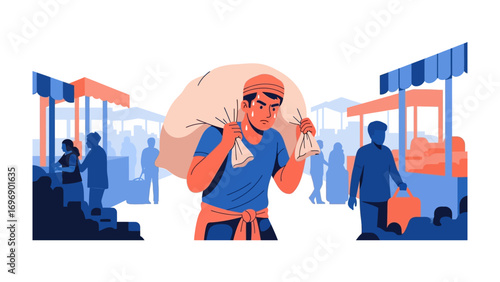 Market Laborer: A hardworking laborer carries a heavy sack in a bustling market scene, embodying the strength and endurance required for daily tasks.