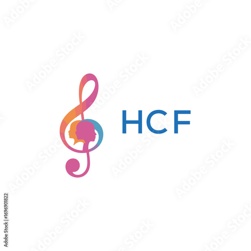 HCF “Creative music academy logo with silhouette heads and notes” HCF Later Logo, “Modern music therapy logo with faces and note symbol”
