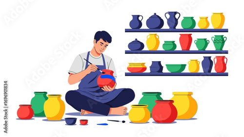 Artisan's Touch: A meticulous artist, focused on transforming raw clay into exquisite ceramic masterpieces through paint with a rainbow of colors
