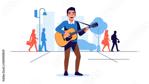 Melody on the Street: A busker stands on a city street, singing with passion, accompanied by an acoustic guitar, creating a lively urban scene. 