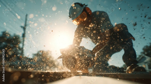 Focused construction worker cutting with a power saw outdoors.