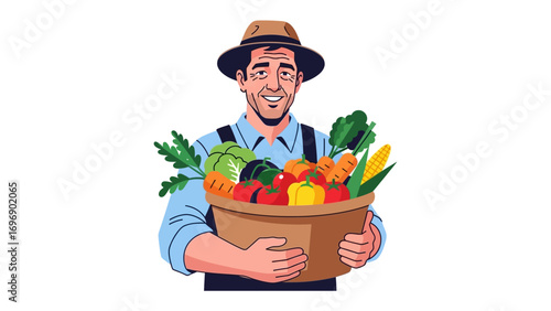 A Farmer with a Basket of Fresh Vegetables: A cheerful farmer proudly holds a bountiful basket filled with a vibrant array of freshly harvested vegetables.