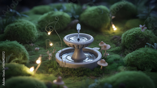 Enchanted Forest Fountain Amidst Mossy Stones and Fairy Lights A Whimsical Scene of Serenity and Magic in Nature