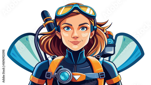 Close-up portrait of female diver holding flippers proudly. White background showcases courage, skill, and marine discovery.