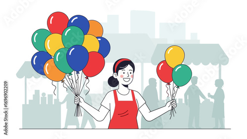Joyful Balloon Vendor: A lively scene unfolds as a cheerful vendor, stands in a bustling market, displaying a vibrant array of balloons in anticipation of spreading joy.