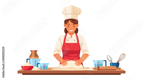Baking Bliss: A skilled cook passionately kneads dough with precision, surrounded by essential baking tools on a warm, wooden surface, her face radiates pure delight and skill.