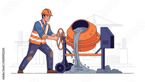 Construction worker operating a cement mixer: A diligent construction worker expertly operates a cement mixer, diligently preparing concrete on a building site.