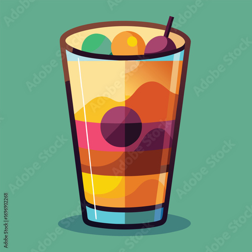 Vibrant Cocktail Illustration A Retro Style Drink with Colorful Layers and Fruit Garnishes on a Turquoise Background