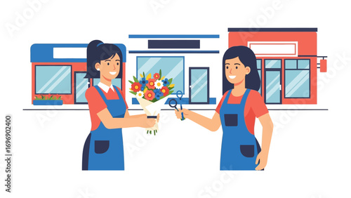 Bouquet Exchange at Florist Shop: Two florists engage in a symbolic exchange, one handing over a vibrant bouquet, signifying the beauty of collaboration and the artistry of floristry.