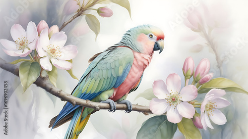 Elegant Watercolor Parrot Perched Among Delicate Blossoms Detailed Bird Illustration