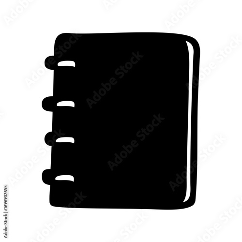 Stylized black notebook icon with rounded edges and spiral binding element