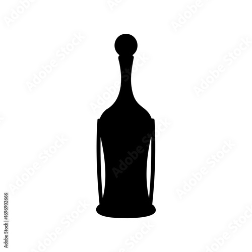 Elegant liquor decanter bottle with decorative stopper, black silhouette on white