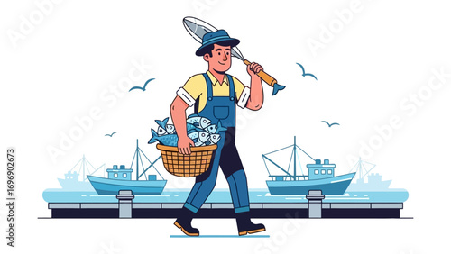 Harbor Fisherman's Harvest: A cheerful fisherman strides proudly along the harbor with a basket brimming with fresh fish. A picturesque coastal scene where the essence of sea life