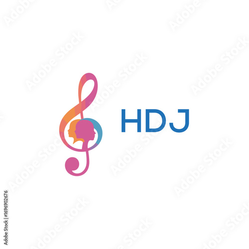 HDJ “Creative music academy logo with silhouette heads and notes” HDJ Later Logo, “Modern music therapy logo with faces and note symbol”
