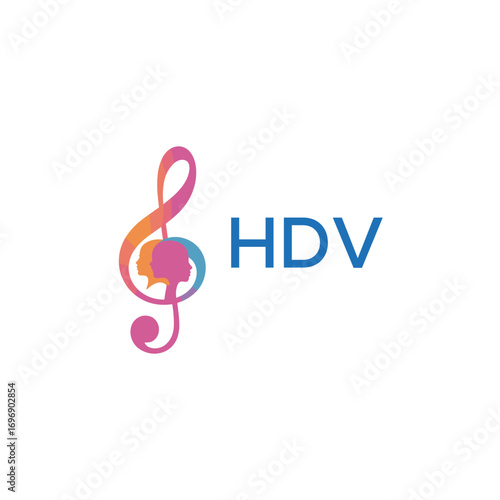 HDV  “Colorful music logo with human faces and treble clef design” HDV  Later Logo, “Creative music academy logo with silhouette heads and notes” 
